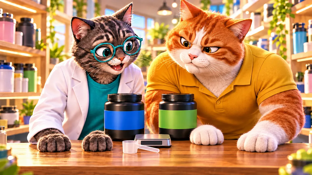 Широкоплечий рыже-белый кот в горчичном поло и серый кот в очках сравнивают банки, мерную ложку и весы.